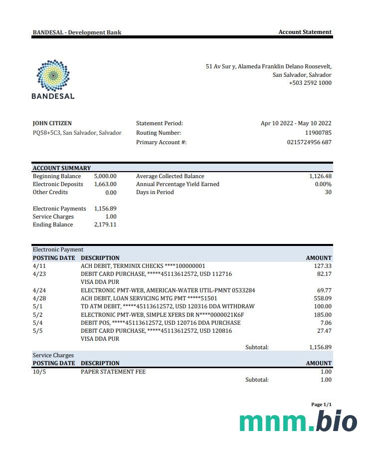 Salvador Banco Central de Reserva of El Salvador wyciąg bankowy Excel i szablon PDF